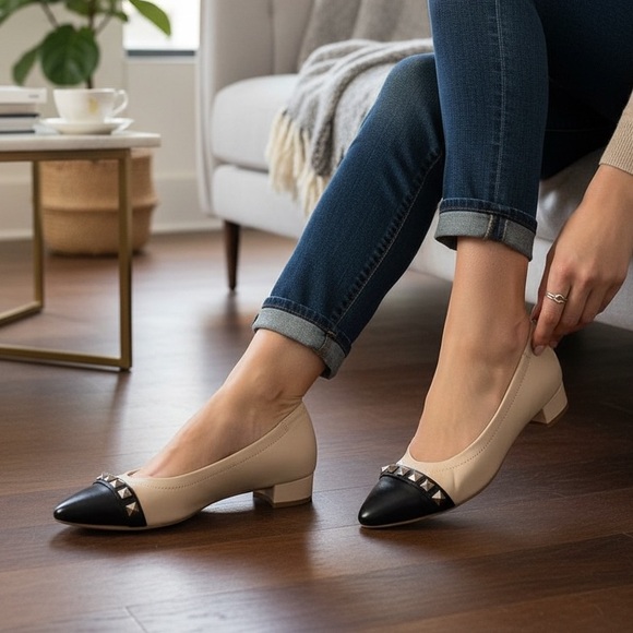 NWOB AGL Attilio Giusti Leombruni Studded Tan Black Studded Block Pumps Sz 37 - Picture 2 of 15